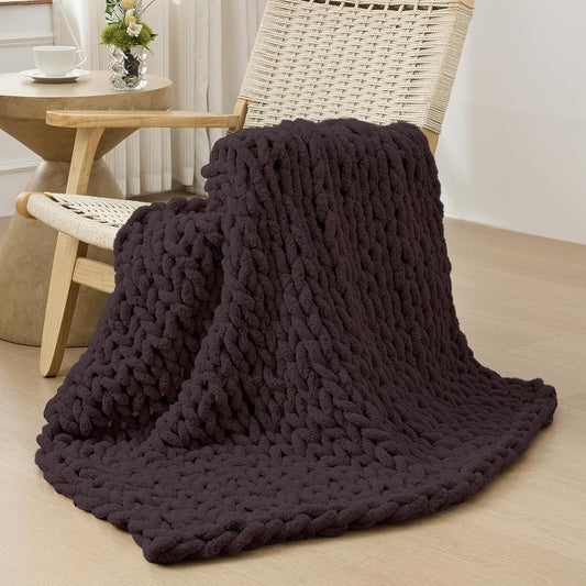 Bigacogo Chunky Knit Throw Blanket for Couch, 40x40 inches, 100% Hand Knitted with Thick Jumbo Chenille Yarn, Cozy Soft Large Rope Knot Cable Crochet Blankets for Sofa Bed Living Room, Chocolate