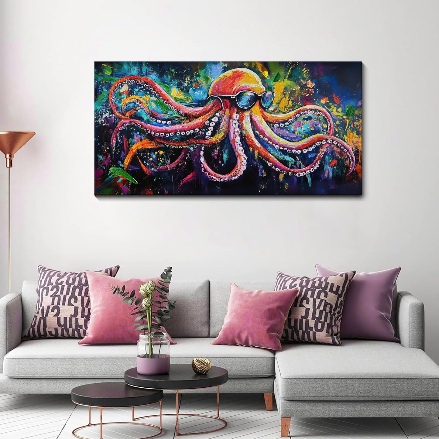 JEAWA Large Canvas Wall Art - Funny Octopus Wearing Sunglasses Modern Graffiti Texture Wall Painting for Living Room Bedroom Men Teenage Boy Room Game Room Cool Posters Decor 24x48 IN