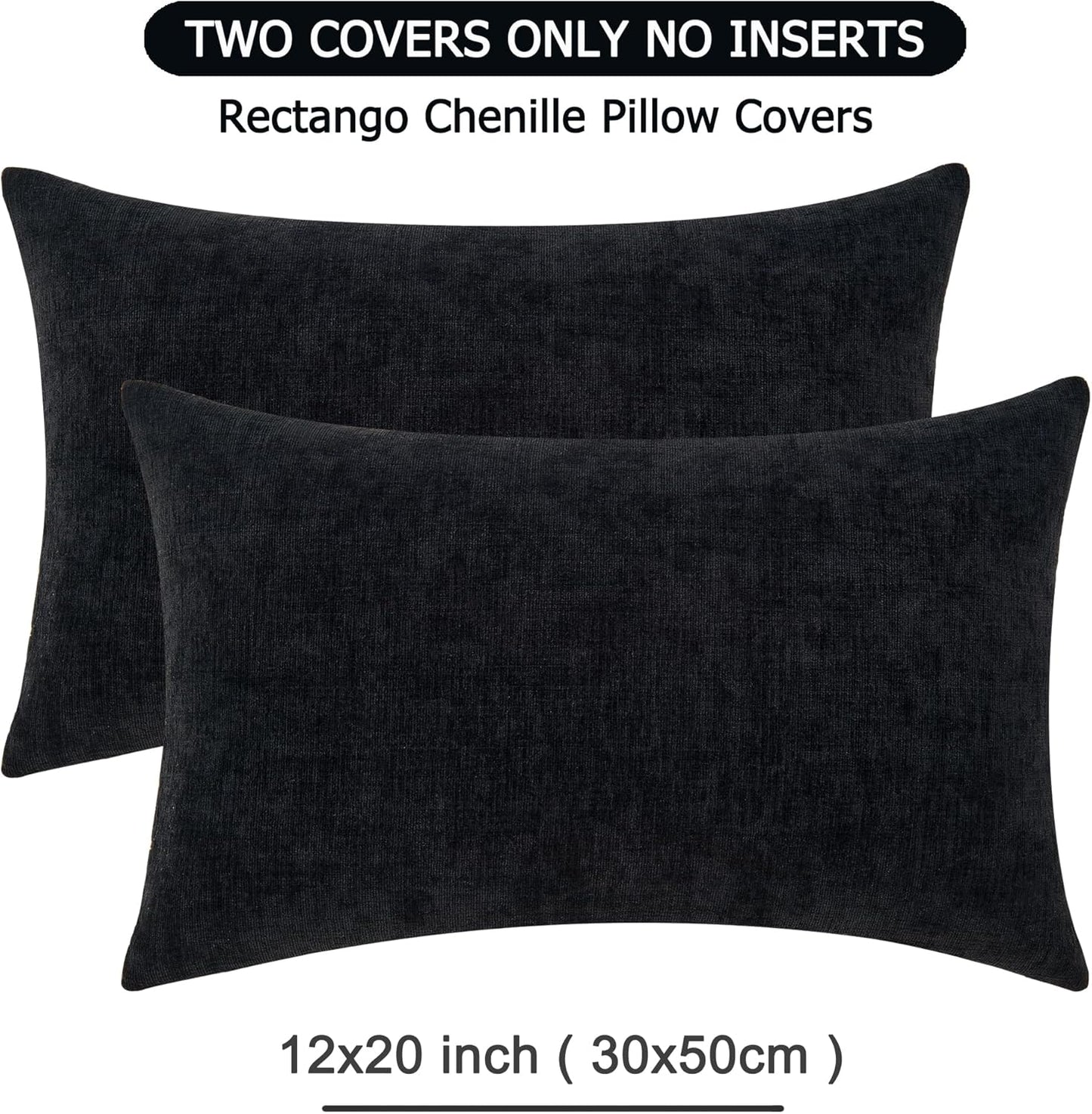 GAWAMAY Lumbar Pillow Cover Decorative Rectangle Throw Pillow Covers 12"x20" Inch Set of 2, Super Soft Chenille Pillowcase for Living Room Bedroom Sofa Couch Cushion Cover Black 30x50cm (No Insert)