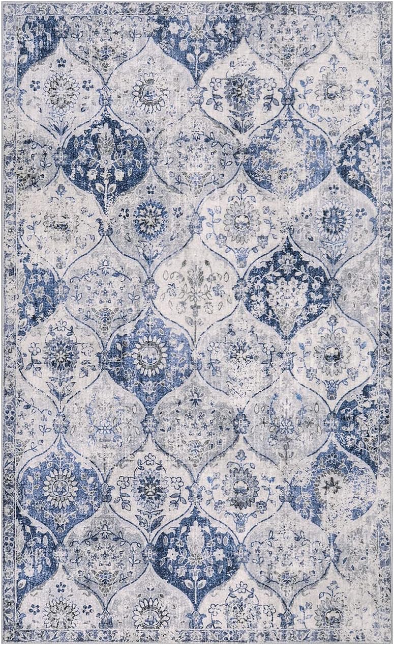 Lahome Moroccan Trellis Washable Small Area Rug, 3x5 Area Rug for Bedroom Living Room, Non-Slip Oriental Accent Throw Carpet for Kitchen Office Entryway Bathroom Office, White/Royal Blue