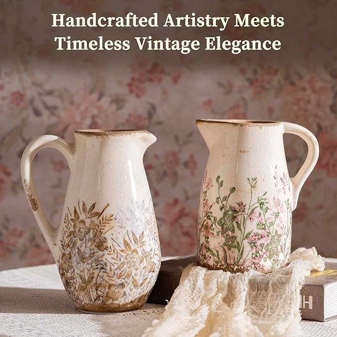 Purple and Borwn Floral Vintage Vase with Handle, French Country Floral Pitcher Vase, Rustic Ceramic Farmhouse Vases for Home Decor, Living Room, Bookshelf, Grand Millennial Tuscan Decor 8.7 in