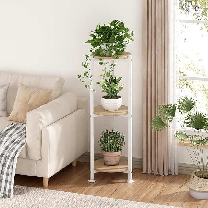 Plant Stand Indoor Corner Tall 3 Tier Metal Modern Flower Storage Plant Shelf Holder for Living Room Balcony Garden, White (3 Tier-White Round)