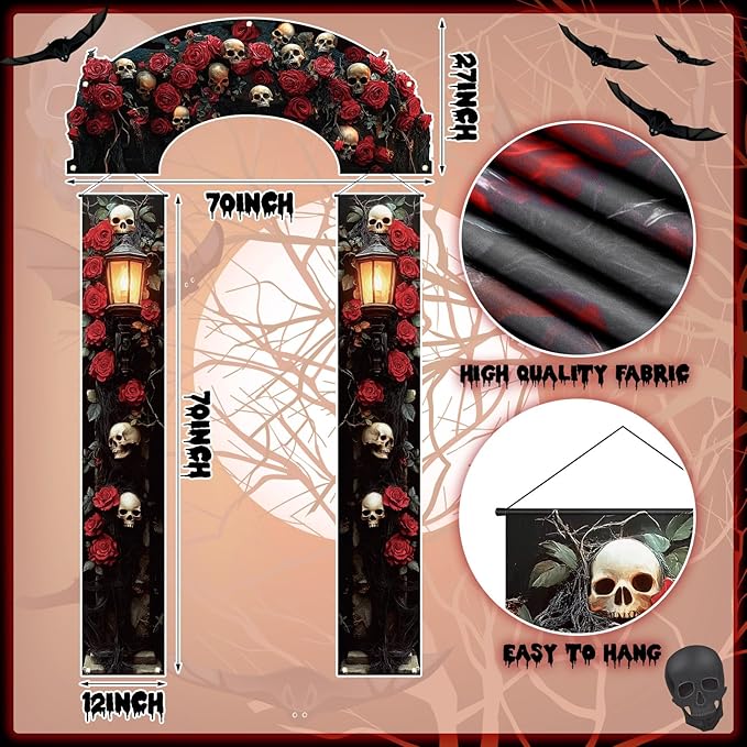 3 Pcs Halloween Cemetery Archway Halloween Cemetery Banners Gothic Outdoor Banners Sign Banner Decorations for Outdoor Party Supplies (Skull Rose)