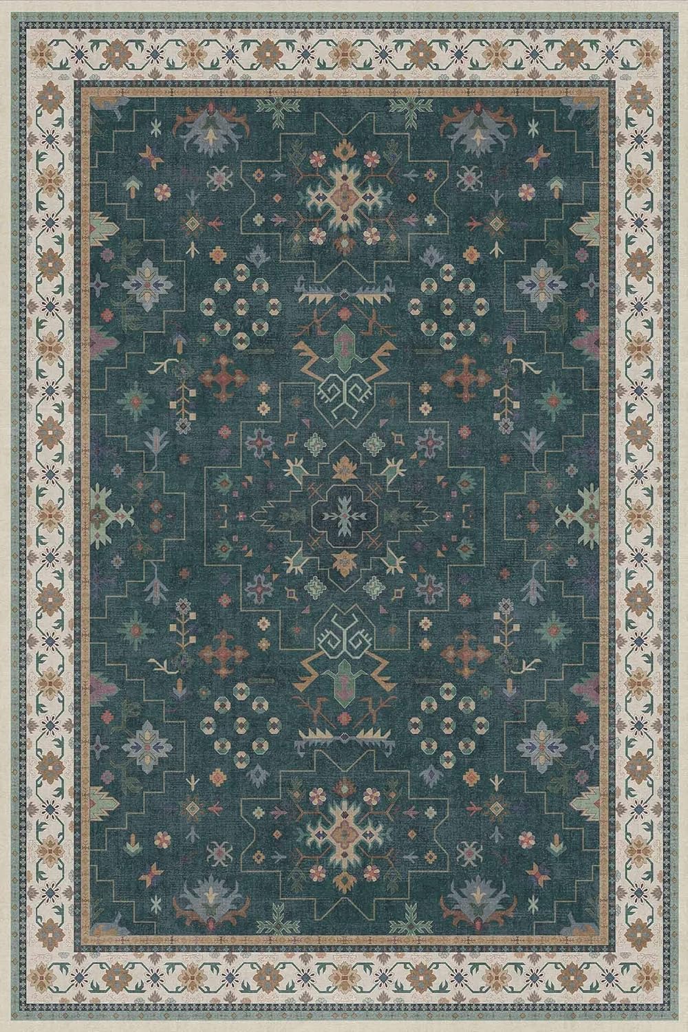 Dark Green 4x6 Living Room Rug - Modern Vintage Boho Floral Forest, Washable Low Pile Non-Slip Area Rugs for Door Mat Entrance, Mudroom, Kitchen, Bedroom Beside Bed, Office