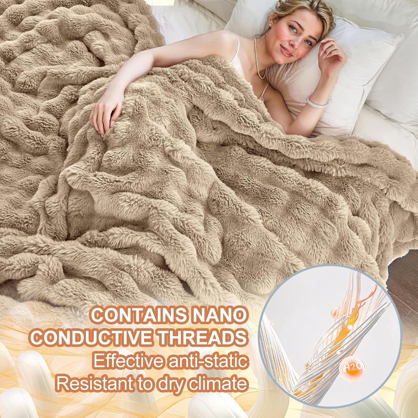 Faux Fur Light Camel Throw Blanket for Couch - Super Soft Heavy Flufyy Thick Bubble Throw Blankets for Bed Bedroom Living Room Farmhouse Sofa Chair Fall Winter Warm, 50x60 Inch