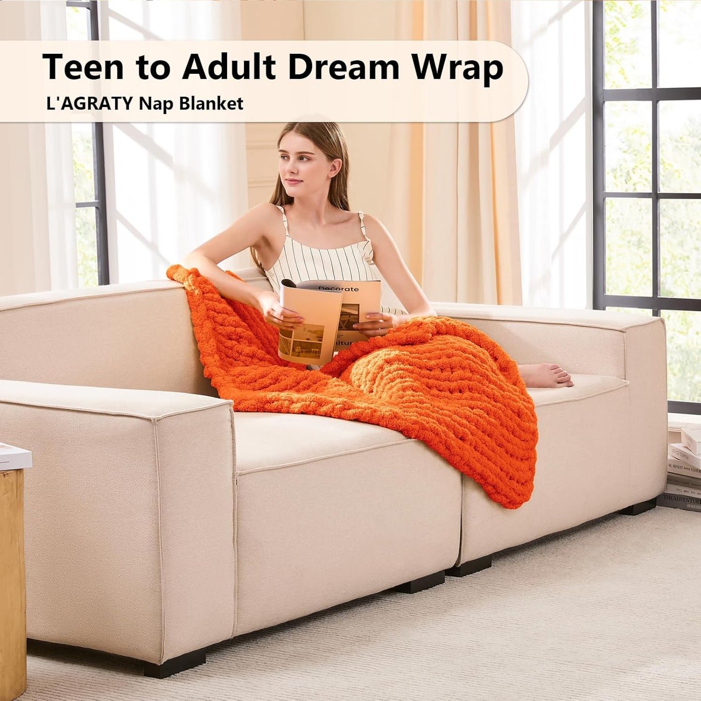 L'AGRATY Chunky Knit Blanket Throw: 30''x40'' Chenille Chunky Knitted Throw Blanket for Bed Couch - Handmade Thick Big Cable Knit Blankets - Large Crochet Rope Blankets for Home Decor(Orange)