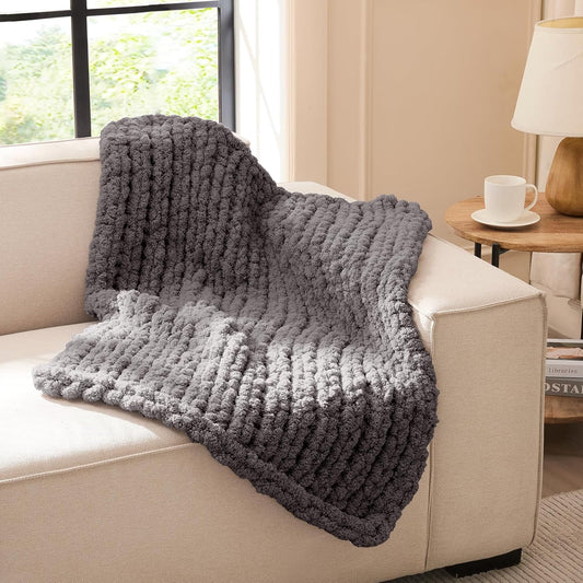 L'AGRATY Chunky Knit Blanket Throw - Soft Chunky Throw Blanket 30x40: 100% Hand Kintted Chenile Crochet Throw Blanket for Couch - Large Cable Knit Chunky Blanket for Home Decor(Dark Grey)