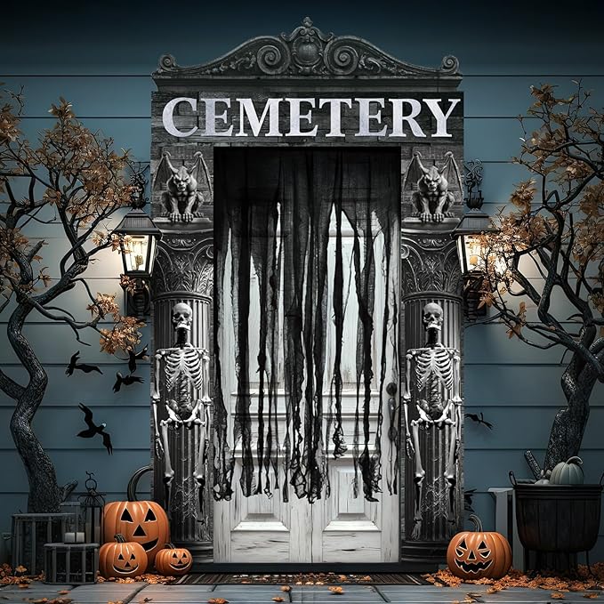 4 Pcs Halloween Cemetery Archway Door Cover Decoration Kit - Large Cemetery Front Door Banner Scary Gauze Cover for Indoor Outdoor Archway Garage Haunted House Party Trunk or Treat Car Decor