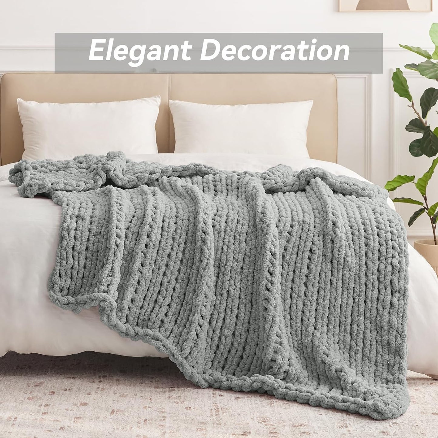 Chunky Knit Throw Blanket, 30''*40'' Knitted Throw Chenille Yarn for Bed Couch, Handmade Light Grey Crochet Big Thick Blanket, Machine Washable Cute Comfy Blanket for Home Decor