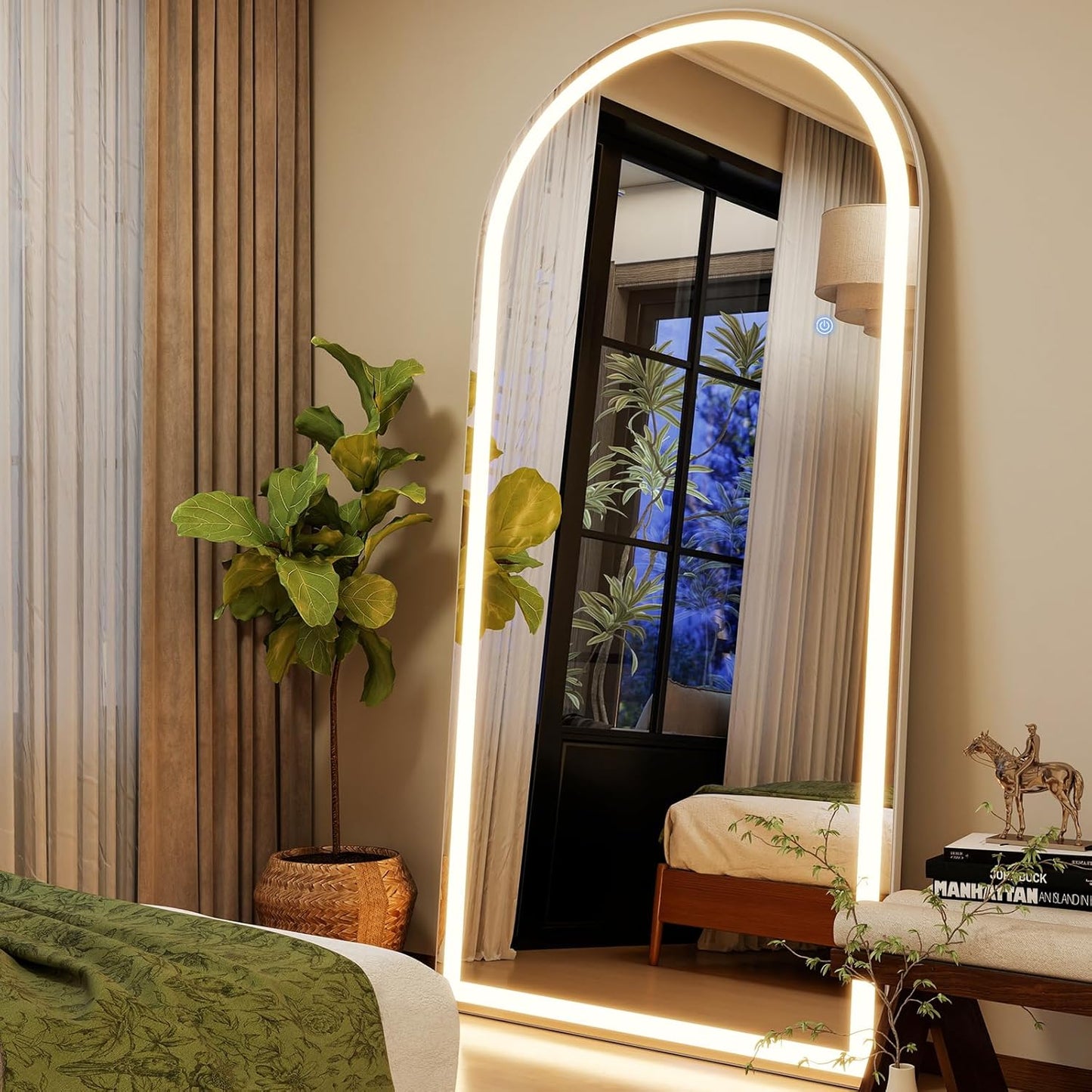 GLSLAND 34"x76" Arched LED Full Length Mirror with Lights Wall Mounted/Standing, Dimmable Floor Lighted Mirrors W/Anti-Fog, Touch Control for Bedroom, Dressing Room