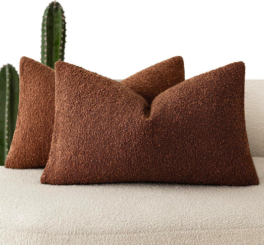 Foindtower Pack of 2 Textured Boucle Throw Pillow Covers Accent Solid Decorative Lumbar Pillow Cases Cozy Couch Cushion Case for Chair Sofa Bedroom Living Room Home Decor 12x20 Inch Red Taupe