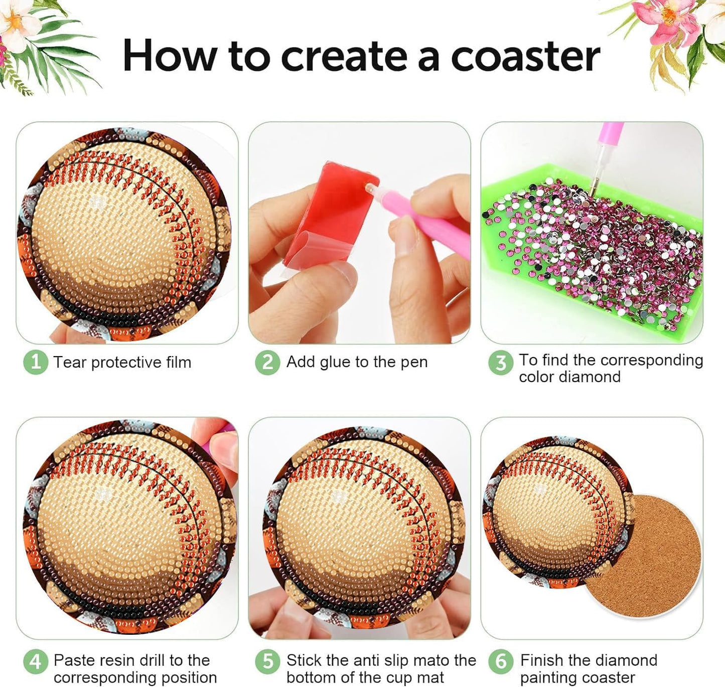 Meothan 8 Pcs Football Diamond Art Coasters Kits for Adults with Holder Cork Pads, Basketball Baseball Rugby Diamond Dots Art Painting Coasters Crafts Kit for Home Office Decor (4x4in)