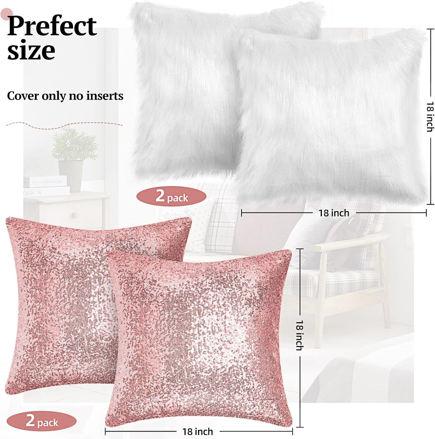 Irenare 4 Pcs Sequin and Fluffy Pillow Covers Winter Throw Pillow Cases Soft Cushion Cover for Couch Bed Sofa Xmas Day(18 x 18 Inch,Pink, White)