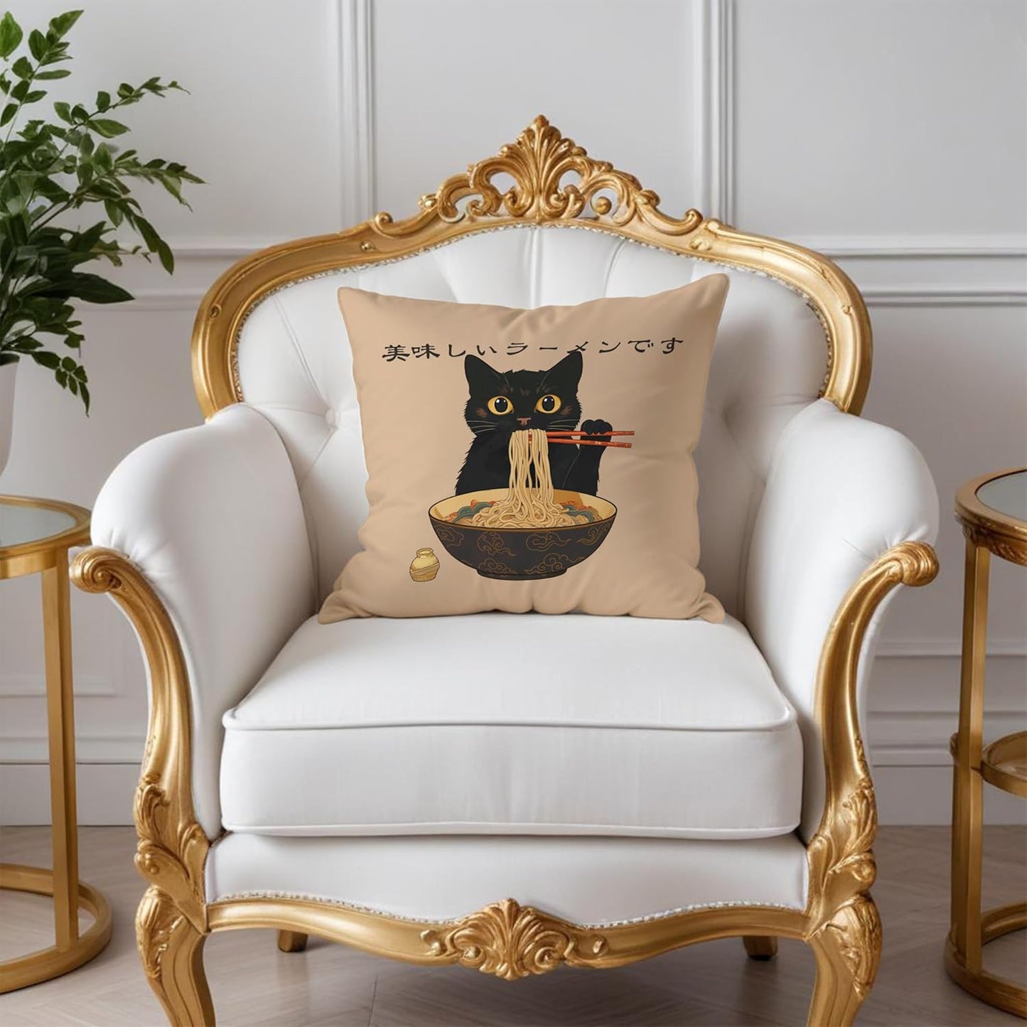 Funny Vintage Cute Anime Black Cat Japanese Ramen Noodles Pillow Covers 18x18, Aesthetic Black Cat Art Painting Decor Pillow Covers for Room Bedroom