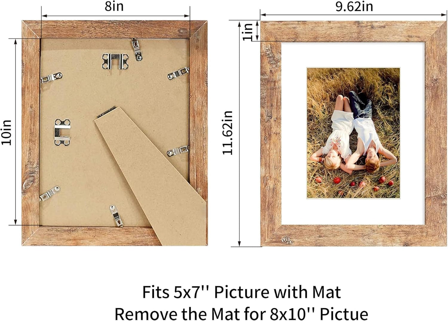 iRahmen 8x10 Picture Frame Set of 2, High Definition Real Glass Rustic Brown Wood Frame, Display Pictures 5x7 with Mat or 8 x 10 Without Mat for Tabletop or Wall Mounting