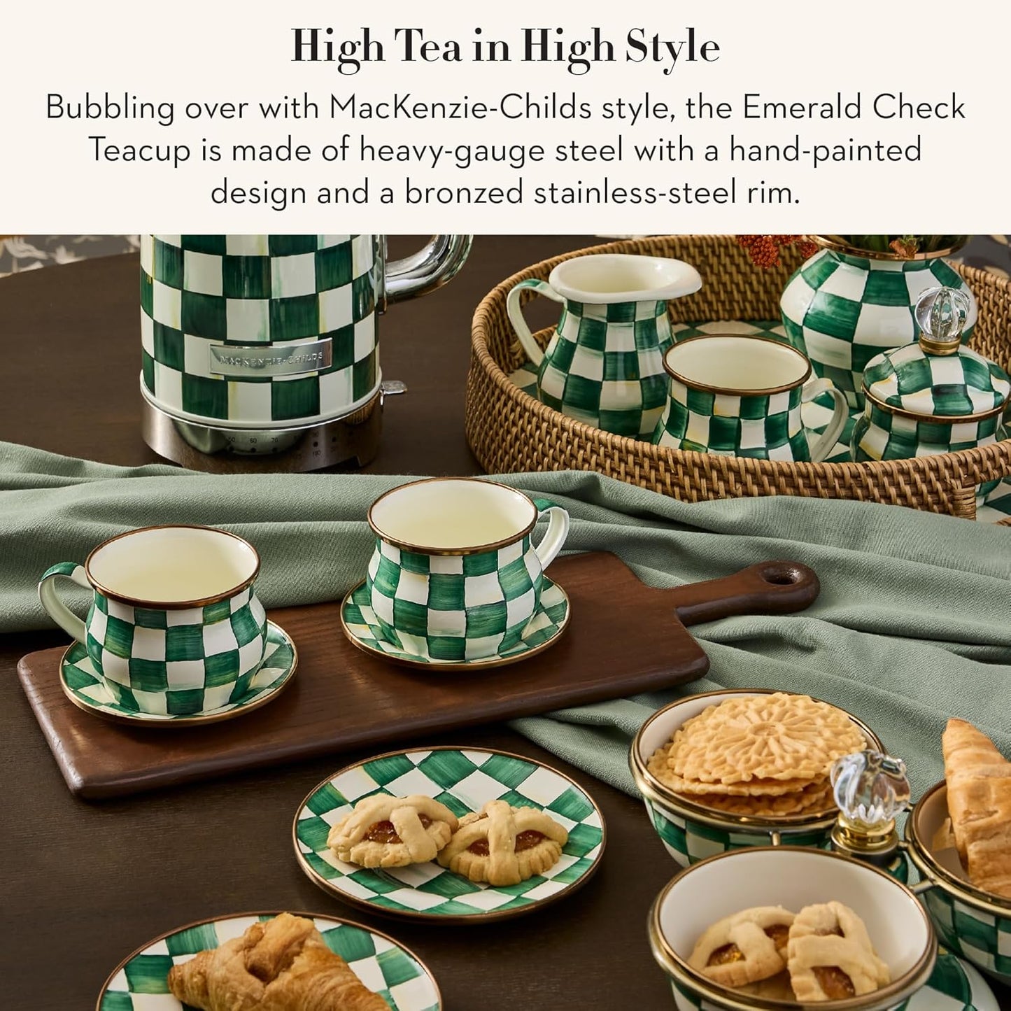MACKENZIE-CHILDS Enamel Teacup, Unique Coffee and Tea Mug, Enamel Cup for Hot Tea, Green-and-White Emerald Check