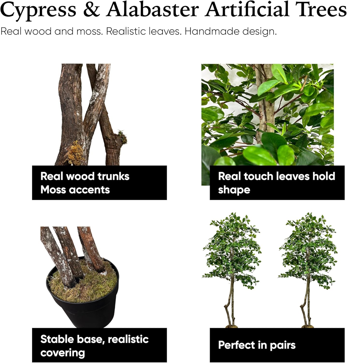 Cypress & Alabaster Handmade 6ft Italian Black Olive Leaf Artificial Tree with Ethically Sourced Real Wood Trunks, Hypoallergenic, 6-Foot, Green