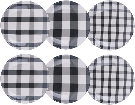 Bico Plaid Check Black and White Appetizer Plates Set of 6, 6 Inch Small Ceramic Dessert Plates for Snacks, Salad, Tablescape, Microwave and Dishwasher Safe, Gift for Housewarming and Thanksgiving