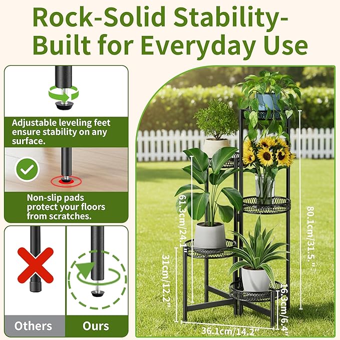 Plant Stand Indoor Outdoor, 5 Tier Corner Metal Flower Display Holder Stand, Folding Tall Plant Rack for Patio Balcony Porch Garden Living Room House, Heavy Duty Wrought Iron Plant Shelf - BlackFlower