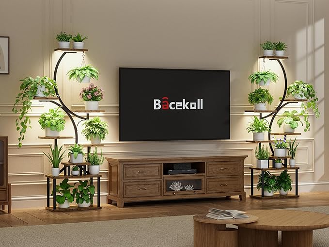 Plant Stand Indoor with Grow Lights - 62" Tall Plant Shelf, Lighted Corner Plant Stands for Indoor Growing, 8 Tiered Large Flower Holder, S-Shaped Decorative Rack for Living Room, Black, Patent Design