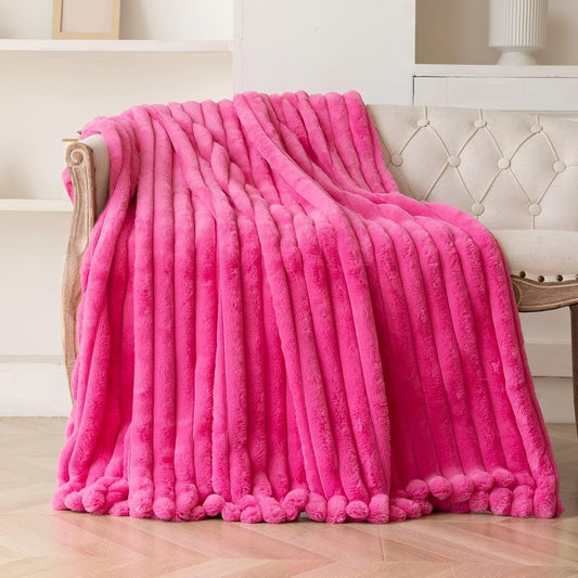 Hot Pink Faux Fur Throw Blanket for Couch, Fuzzy Cozy Soft Warm Plush Striped Throw Blanket, Christmas Decorative Fluffy Winter Blanket for Sofa Bed Living Room Home Decor, 60"x80"