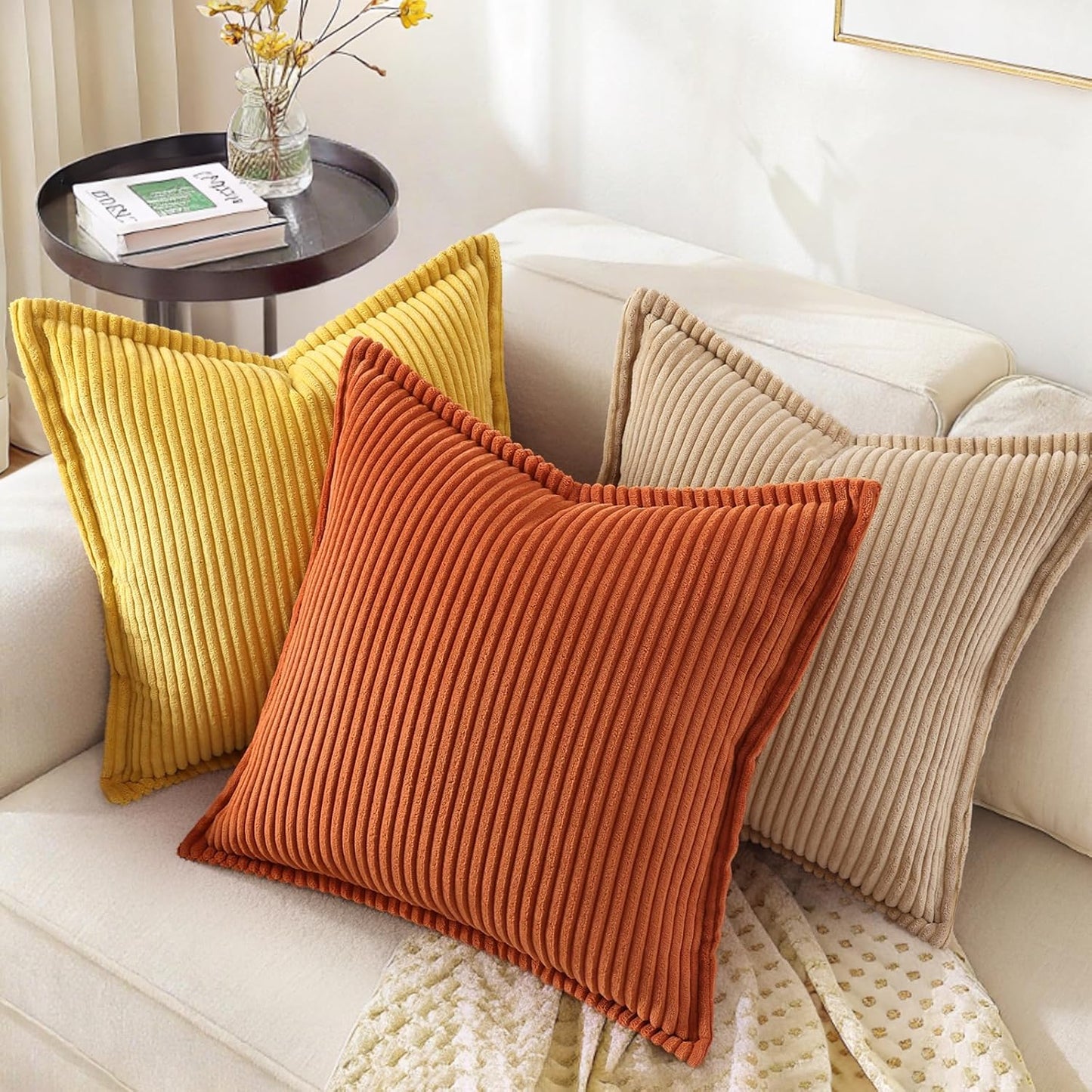 decorUhome Fall Corduroy Rust Throw Pillow Covers 26x26 Set of 2 Decorative Soft Boho Farmhouse Euro Couch Pillow Covers for Living Room Bed Sofa Broadside Striped Pillow Cases