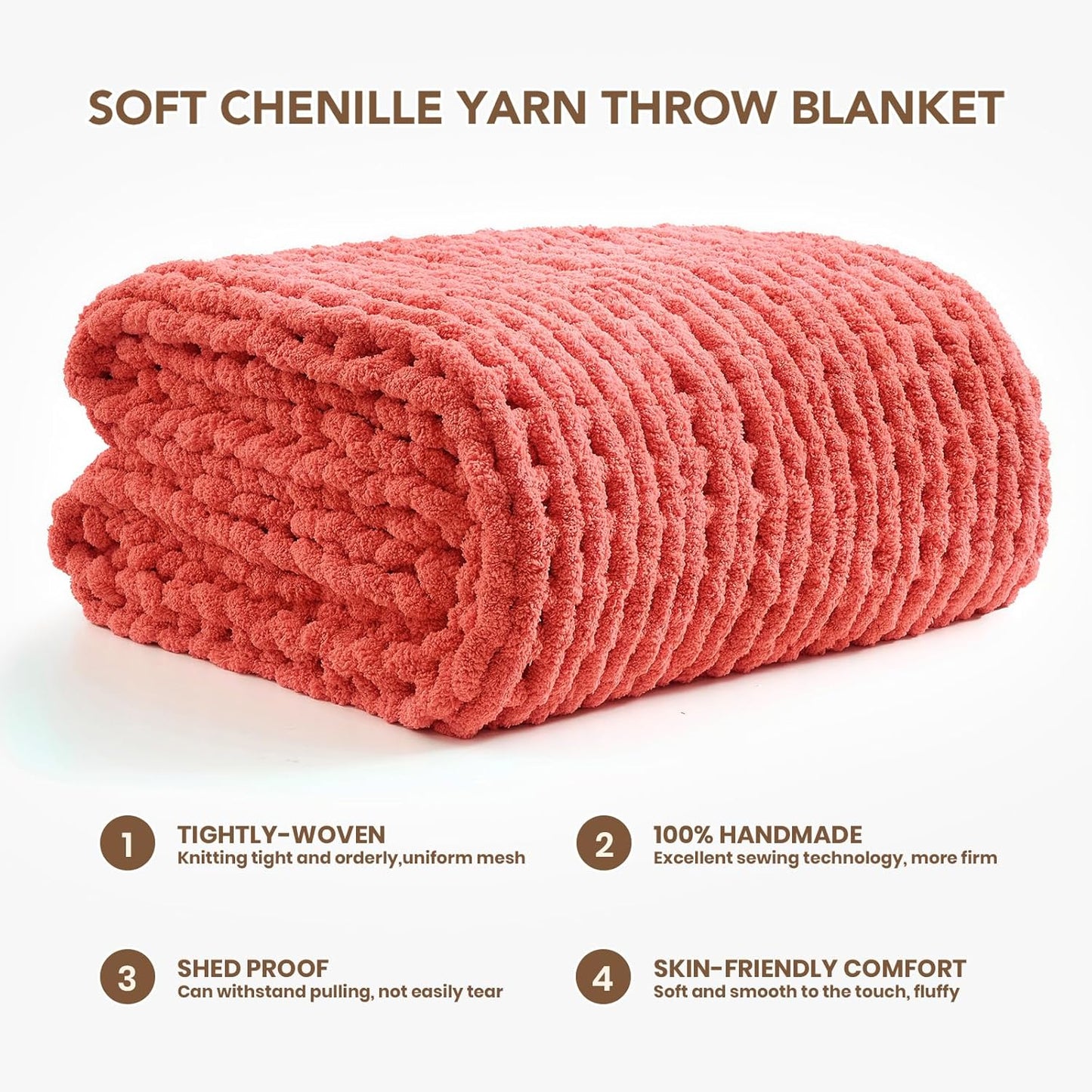L'AGRATY Chunky Knit Blanket Throw: 60''x80'' Chenille Chunky Knitted Throw Blankets for Twin Bed Couch - Handmade Thick Cable Knit Blanket - Large Crochet Rope Blankets for Home Decor(Coral Pink)
