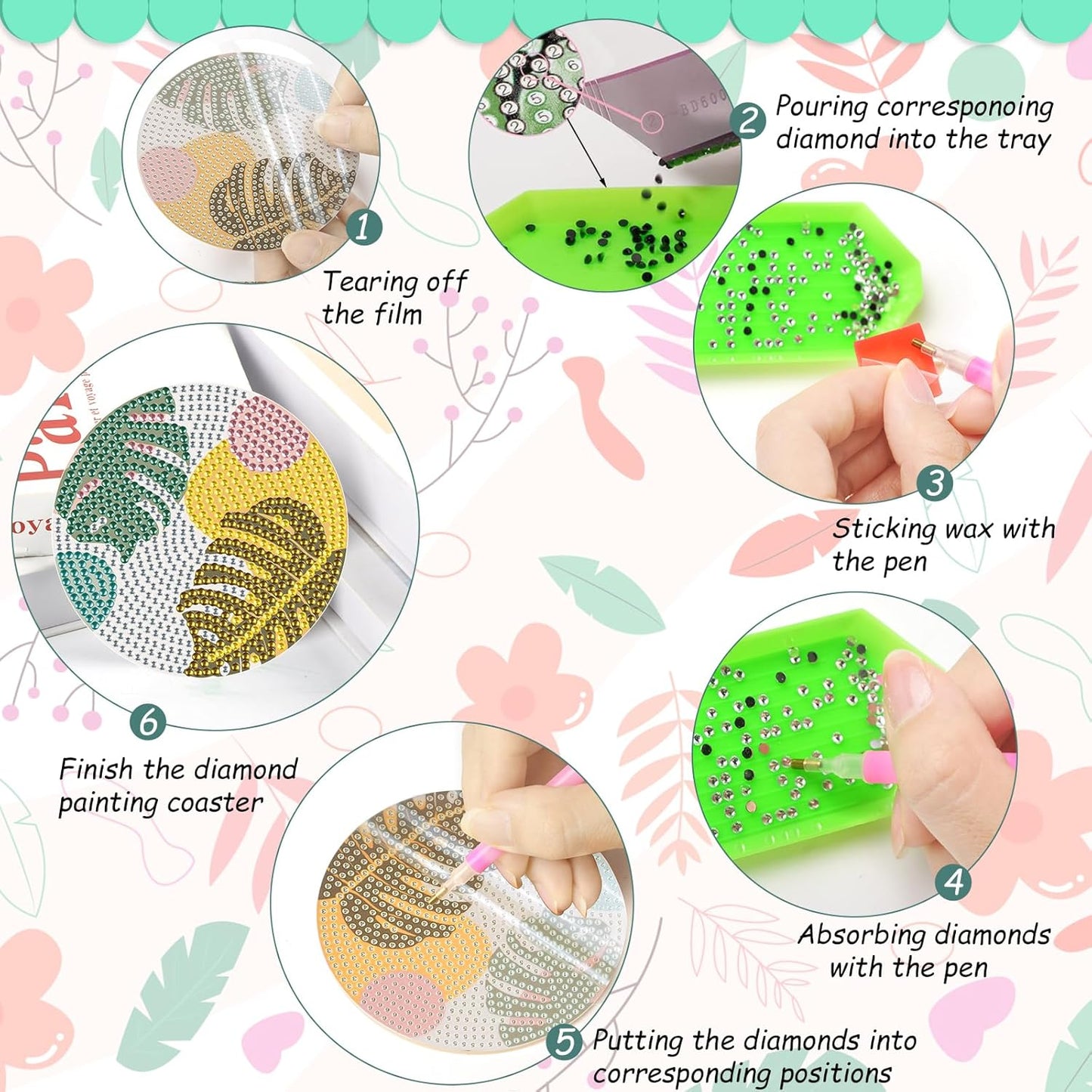 DIY Diamond Art Coasters with Holder, Boho Diamond Coasters Painting Coasters, Colorful Leaves Painting Kits for for Adults, Diamond Art Craft Kits (8 Pcs Pink Leaf Style with Holder)