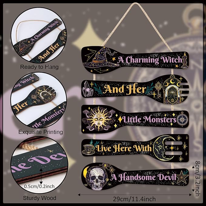 TOARTi Halloween Witch Kitchen Wood Wall Decor(11.4x17), Rustic Spoon Shaped Witchy Wall Art Hanging Sign, Gothic Aesthetic Witchcraft Wooden Plaque for Home Kitchen Front Porch Office Door