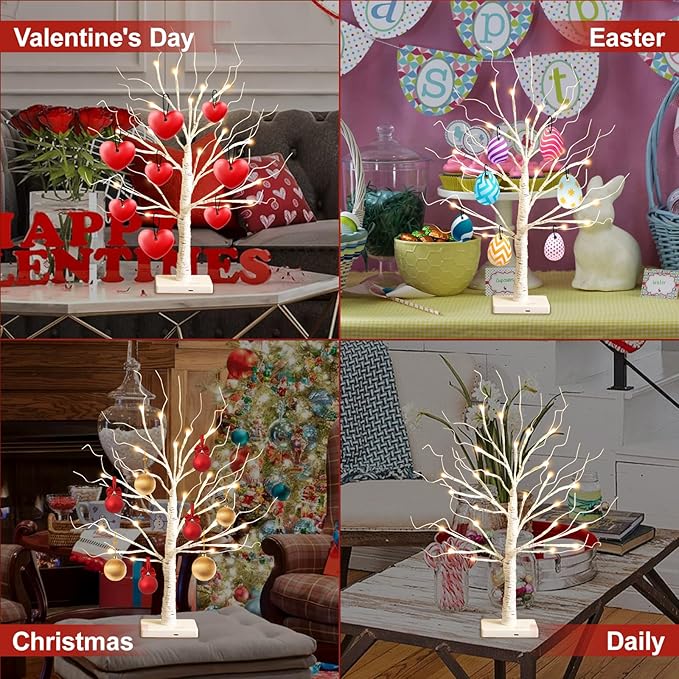 White Birch Tree with LED Lights, Christmas Decorations Lighted Tree for Tabletop, Battery Operated 24 LED Warm White Tree, 2FT Mini Small Christmas Tree Indoor Home Christmas Decor (2 Pack, Timer)