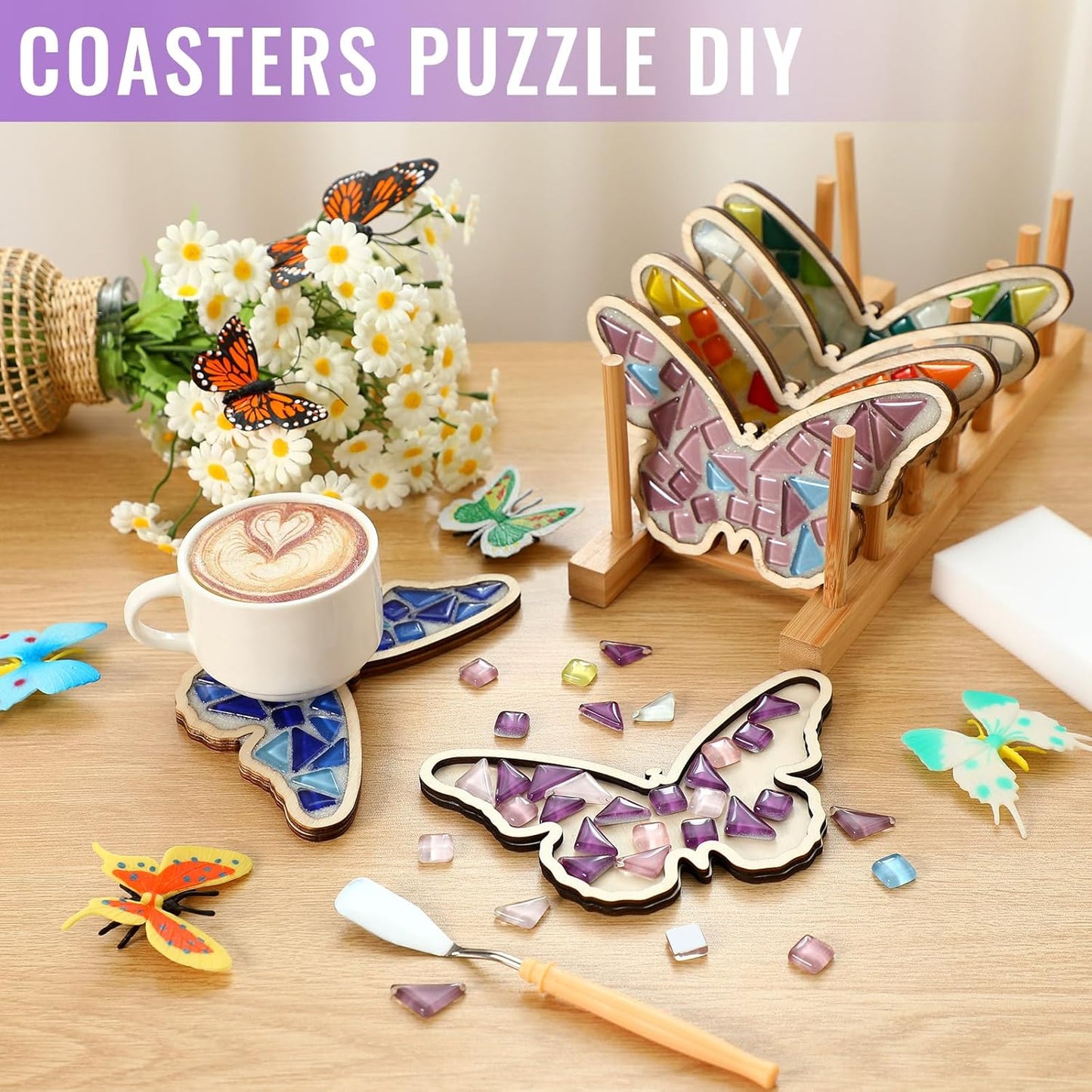 Honeydak 6 Sets DIY Glass Mosaic Tiles for Crafts with Butterfly Wooden Coasters for Adults Mixed Color Mosaic Crafts Materials Package for Coaster Stained Glass Kit for Handmade Home Decor Gifts