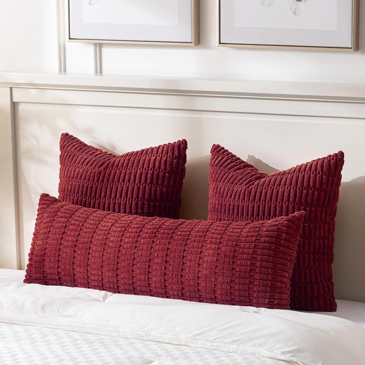 Fancy Homi Burgundy Long Body Lumbar Decorative Throw Pillow Covers 20x54 Inch for Bed Couch Bedroom Bench, Soft Corduroy Rectangle Solid Pillow Case, Rustic Farmhouse Boho Room Decor