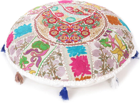 Eyes of India Round Floor Seating Meditation Patchwork Pillow Cushion Cover Colourful Decorative Throw Indian Bohemian Accent Boho Chic Handmade Cover Only (White, 17" x 17")