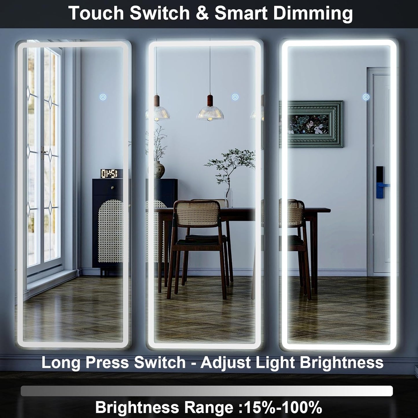 GLSLAND LED Full Length Mirror - 56" x 20" Floor Standing Mirror with Light for Bedroom/Cloakroom -Dimmable & 3 Color Lighting/Wall Mounted Full Body Mirrors