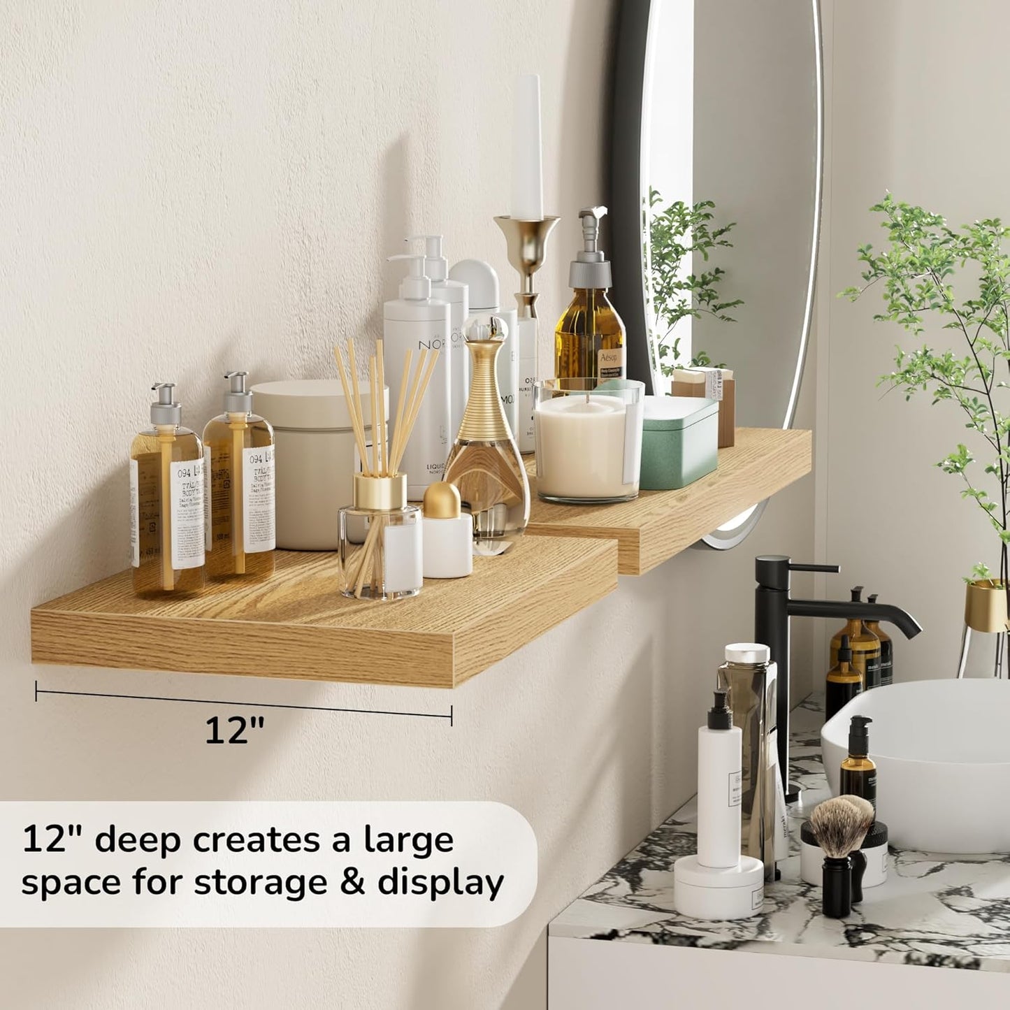 Fun Memories Floating Shelves - 2 Pack 12 Inch Rustic Wooden Wall Shelves - Extra Deeper & Thicker Wall Mounted Storage Shelf for Living Room, Kitchen, Farmhouse - 16" W x 12" D x 1.5" H - Oak