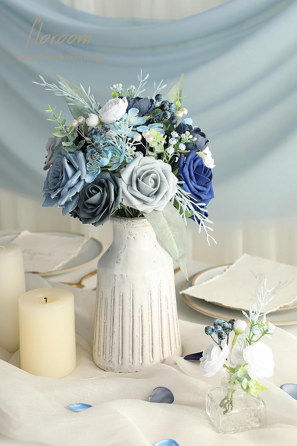 Floroom Artificial Greenery Stems Box Set, 59pcs with 7 Kinds of Faux Greenery Flowers Picks for DIY Bridal Bouquets Wedding Floral Arrangement Table Centerpieces, Blue & White