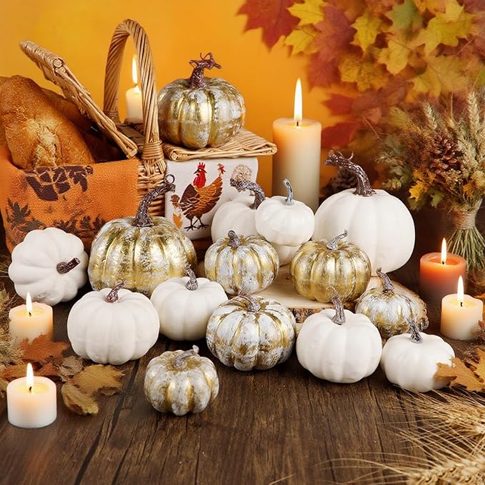 winemana 16 Pcs Golden and White Pumpkins Thanksgiving Pumpkin Decorations Assorted Sizes, Artificial Foam Harvest Autumn Decor, Fake Pumpkins Fall Decorations for Indoor Home Kitchen Table Mantle