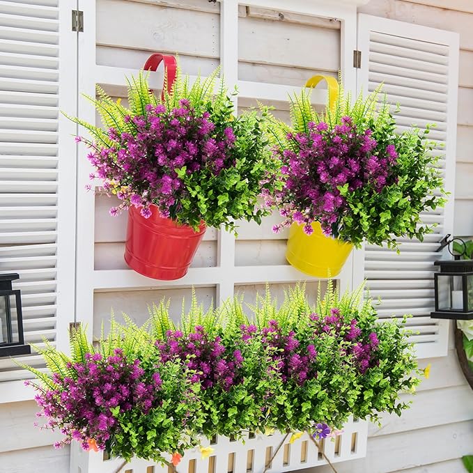 Zeyune 64 Bundles Faux Flowers Outdoors UV Resistant Artificial Plastic Flowers Plants Fake Realistic Eucalyptus Violet Lavender Plant Wildflower Bulk for Outside Yard Home Patio Garden Decor(Bright)