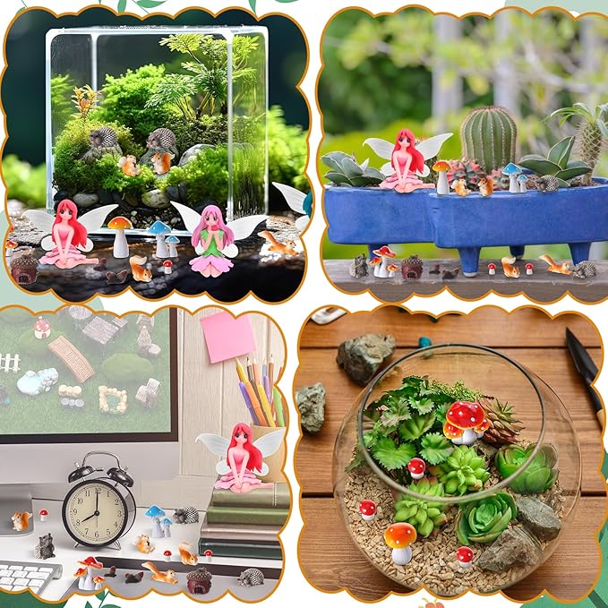 20Pcs Fairy Garden Accessories, Miniature Garden Ornaments Landscape Decorations Mini Fairy Figures Animal Plant Set for DIY Terrarium Potted Plants Dollhouse Desk Decor
