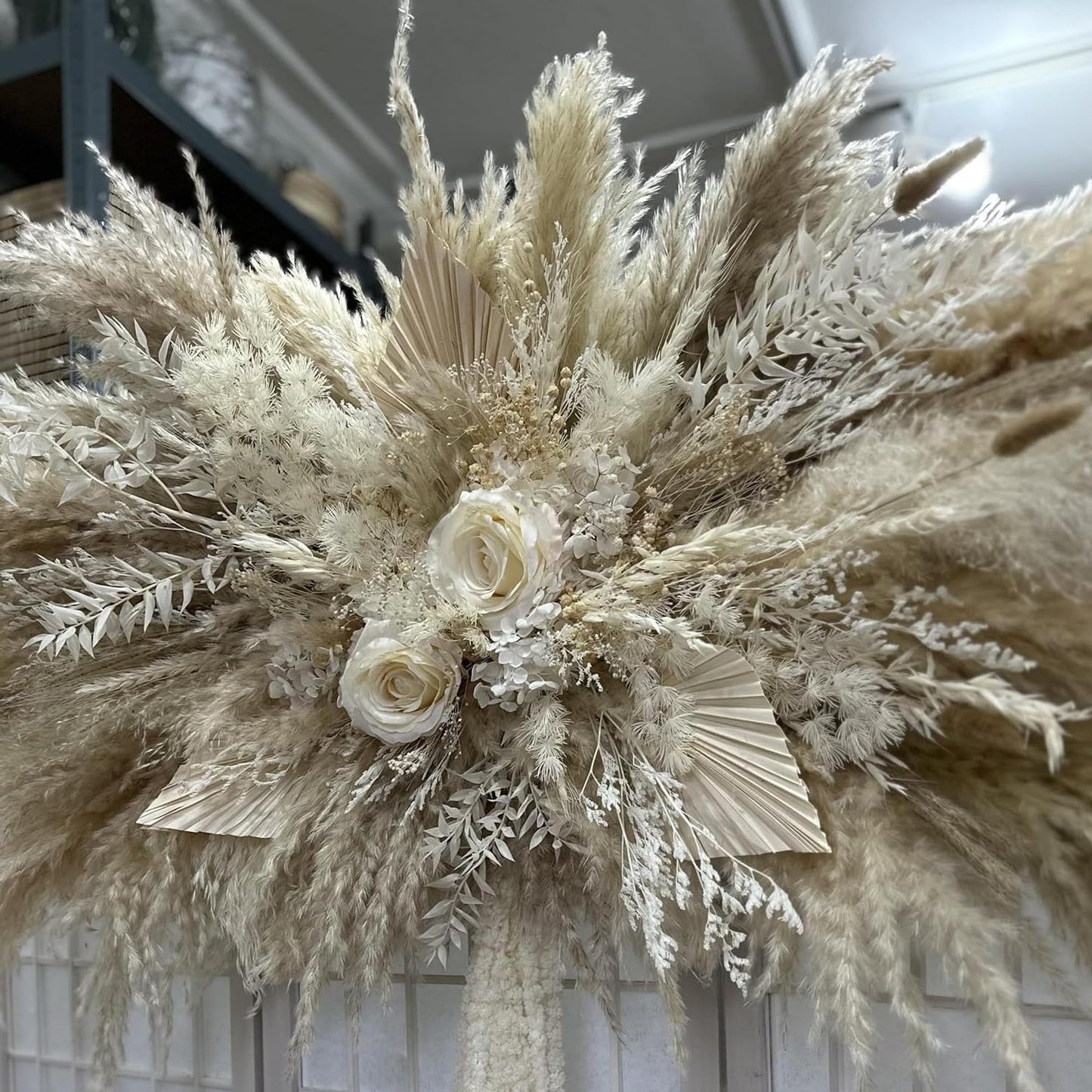 DIY Dried Pampas Wall Decor – Boho Natural Flower Swag with White Roses & Bunny Tails for Wedding Arch or Home Accent(Elegant White Pampas)