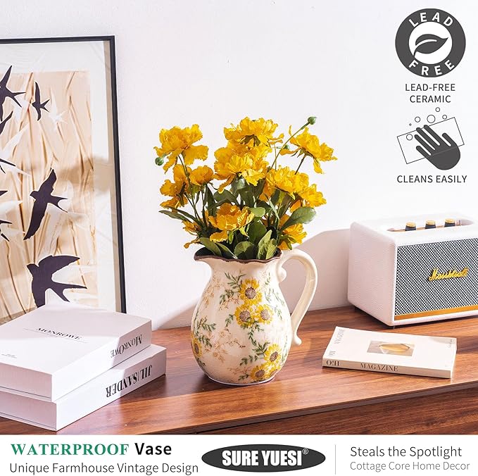 Sunflower Vintage Ceramic Yellow Floral Vase with Handle, Chinoiserie Floral Pitcher Vase, Rustic Ceramic Farmhouse Vases for Home Decor, Living Room, Bookshelf, Office, Grand Millennial Decor 7.9 in