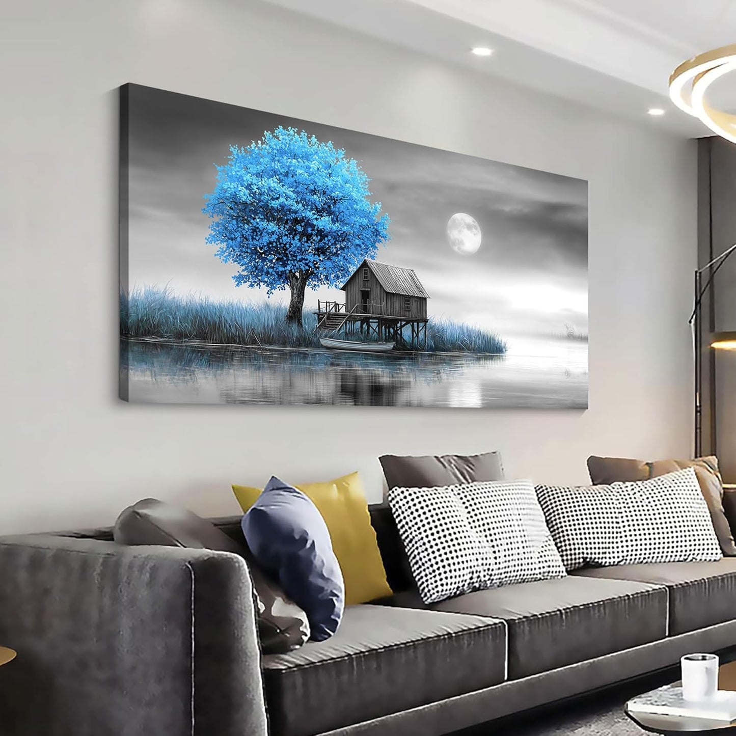 JEAWA Large Canvas Wall Art Decor - Blue Gray Wall Art for Living Room Home Office, Winter Landscape Wall Art Canvas Paintings, Moon Pictures Wall Decor, Tree Art Wall Decor, 29x58 IN