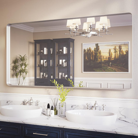 ISKM Silver Framed Mirror for Bathroom 60" x 30" Matte Bathroom Vanity Mirror Anti-Rust, Tempered Glass, Rounded Rectangle Mirror(Horizontal/Vertical)