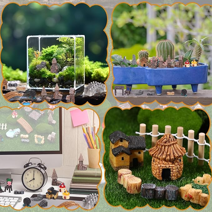 32 Pcs Fairy Garden Accessories - Miniature Garden Kit Landscape Decorations Table and Chairs Set Fairy Garden Furniture Ornaments Bridge House Moss for Terrarium Potted Plants, Dollhouse & Outdoor