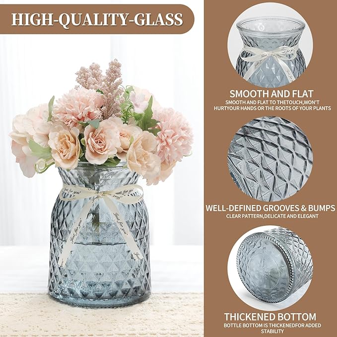 SOJOCK 2PACK Glass Flower Vases(Flowers NOT Included),6.3" High Diamond Pattern Vases,Vintage Vases for Centrepieces,Wedding Decorations,Home Table Flower Decorations