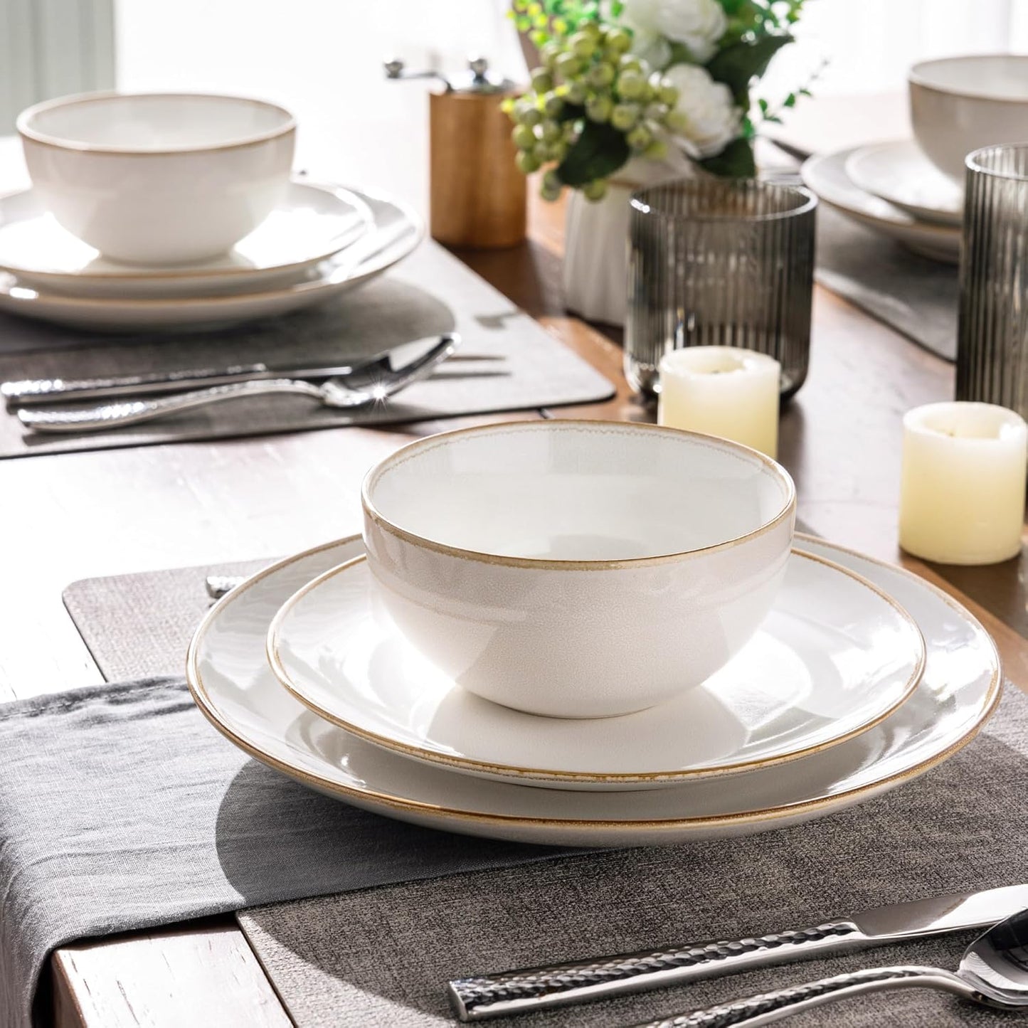 GBHOME Ceramic Dinnerware Sets for 4, 12 Pieces Stoneware Plates and Bowls Sets, Reactive Glaze Dishes -Scratch Resistant, Dishwasher&Microwave Safe，Pearl White