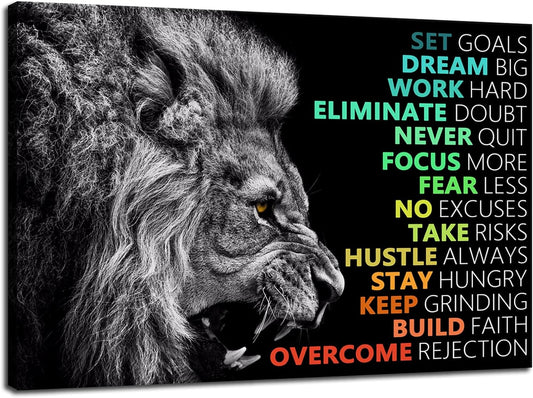 Inspirational Canvas Wall Art Success Positive Affirmation Quotes Pictures Motivational Print Lion Poster Painting Colorful Artwork Office Decor for Living Room Framed Ready to Hang[24''W x 36''H]