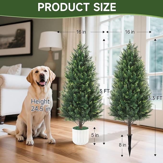 3FT Artificial Cedar Topiary Trees Set of 2 Detachable Planter & Spike,UV Resistant Faux Plants Outdoor and Indoor,Realistic Fake Bushes Pine Tree for Front Porch Decor Patio Offices Living Room