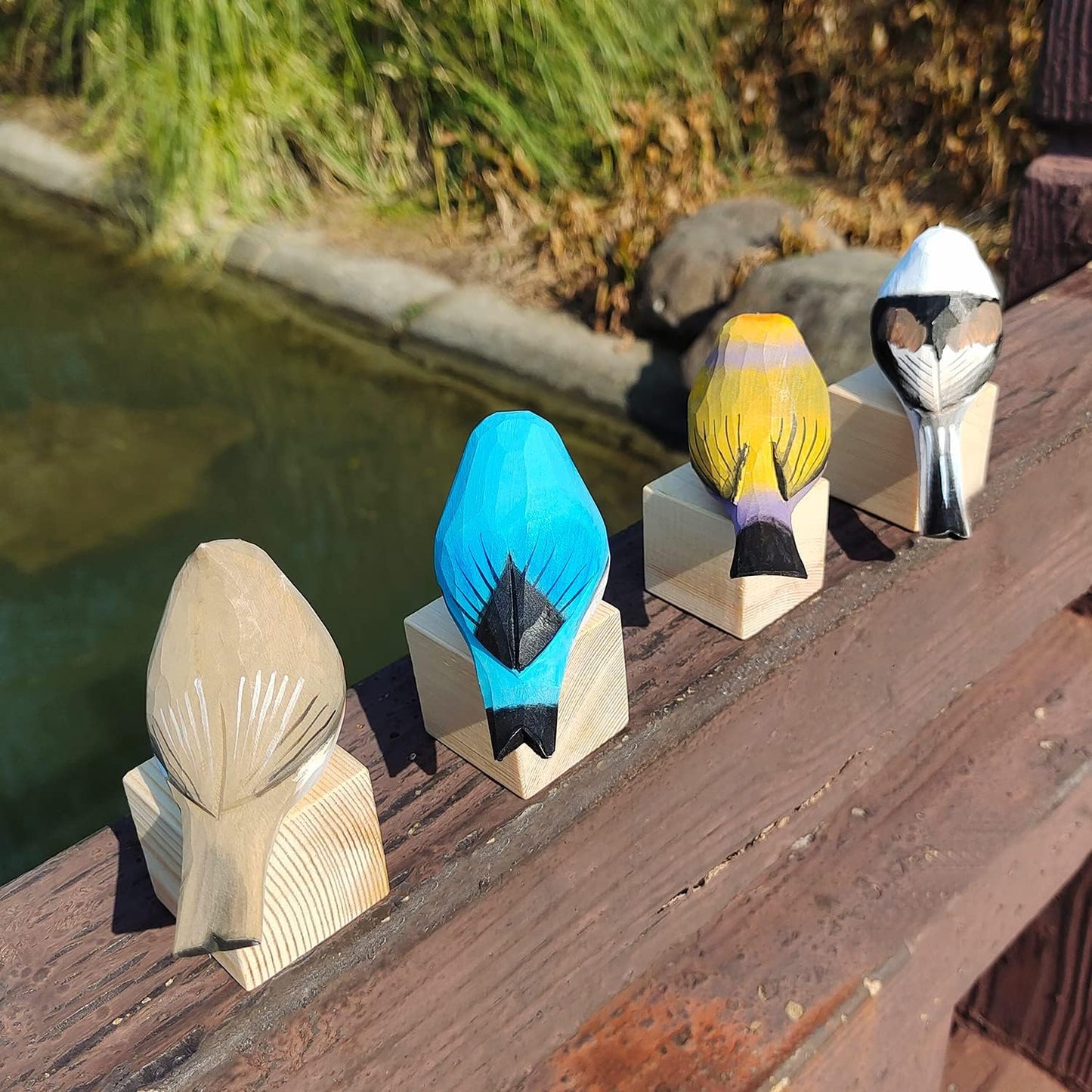 Handmade Wooden Carved Bird Decor Sculpted Hand-Painted Bird Figurines Small Home Decor Bird Statue Shelf Decor BFF Gifts for Bird Lovers (Suit 2)