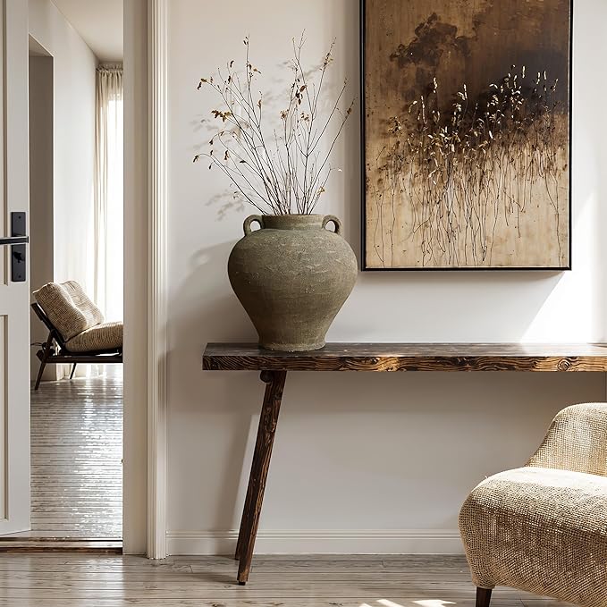 LuxenHome Rustic Large Flower Vase,14'' Tall Brown Terracotta Cauldron Vase,Farmhouse Decorative Vases for Dining Table Decor,Vintage Pottery Ceraimc Vase Living Room Office Home Decor